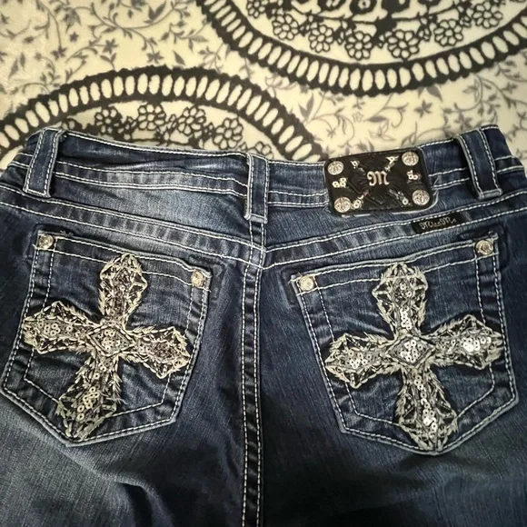 Miss Me Denim Boot Cut Jeans with Silver Cross Embellishments - Picture 1 of 5
